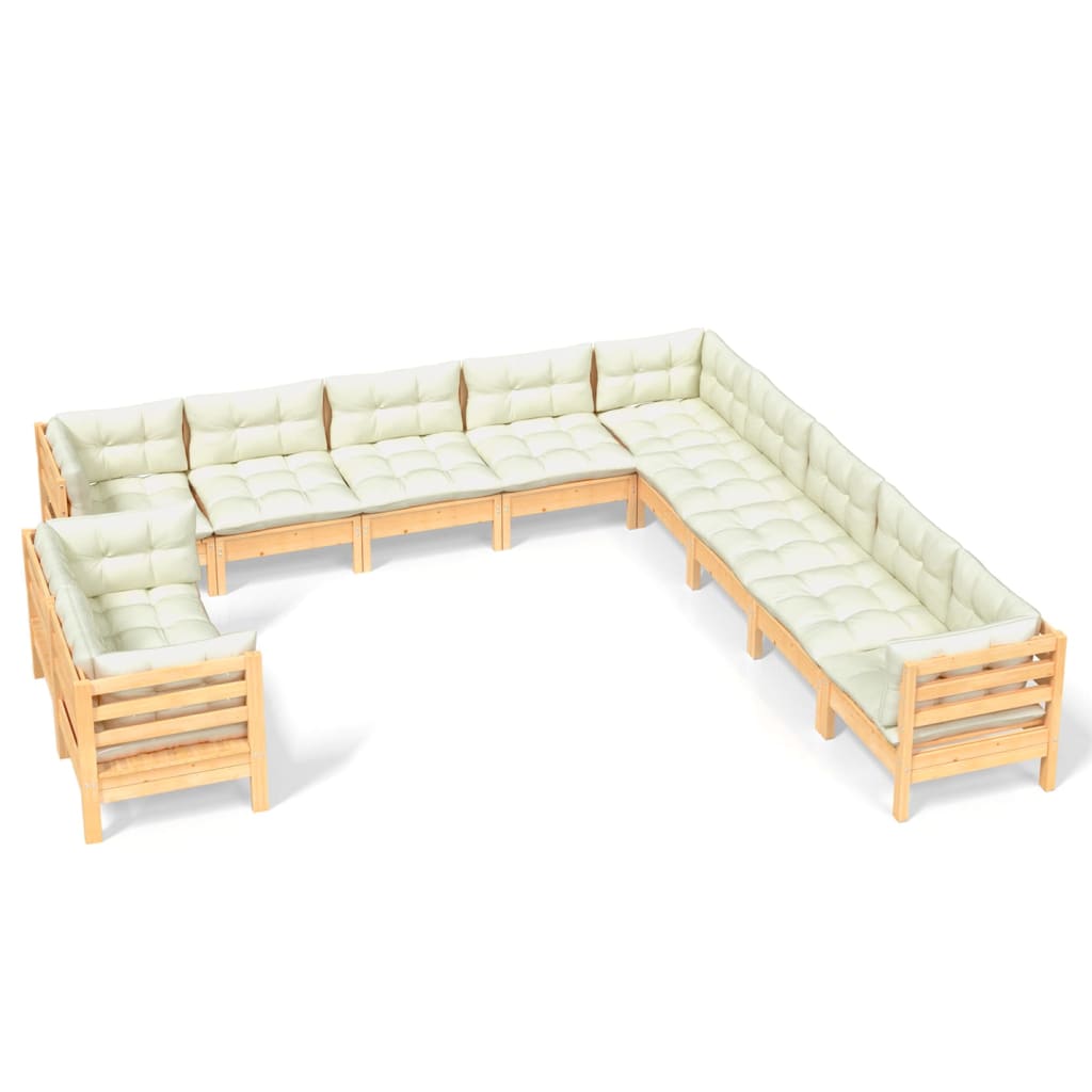 Muebles de jardín 11 pzas y cojines madera maciza de pino crema