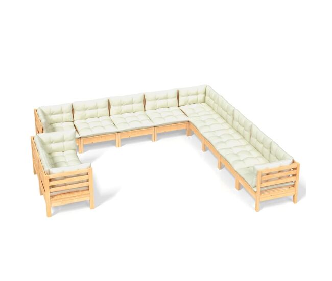 Muebles de jardín 11 pzas y cojines madera maciza de pino crema
