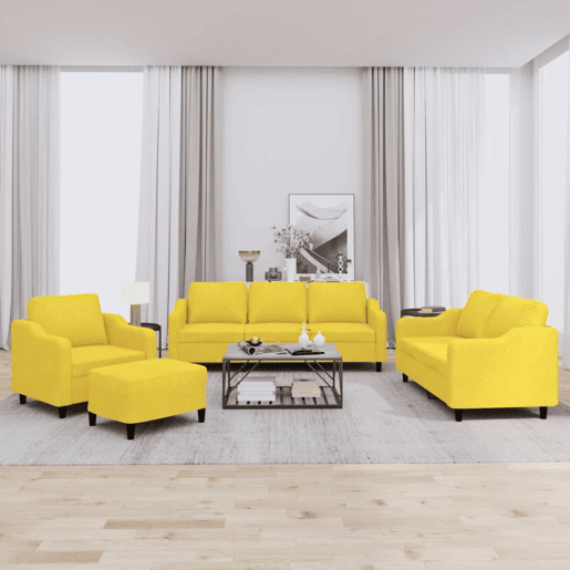 vidaXL 4 pcs conjunto de sofás com almofadões tecido amarelo-claro vidaXL 4 pcs conjunto de sofás com almofadões tecido amarelo-claro