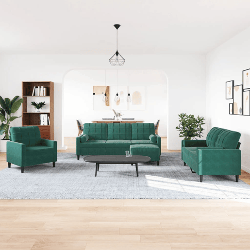 vidaXL 4 pcs conjunto sofás com almofadões e rolos veludo verde-escuro