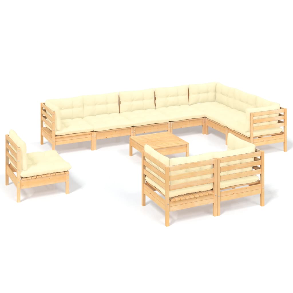 Muebles de jardín 11 pzas y cojines madera maciza de pino crema