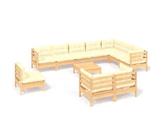 Muebles de jardín 11 pzas y cojines madera maciza de pino crema