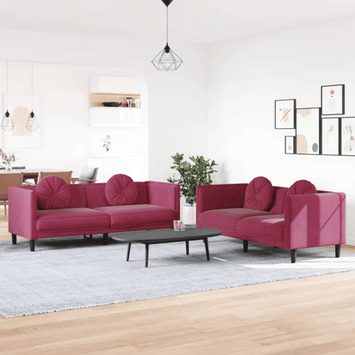 vidaXL 2 pcs conjunto de sofás com almofadas veludo vermelho-tinto vidaXL 2 pcs conjunto de sofás com almofadas veludo vermelho-tinto