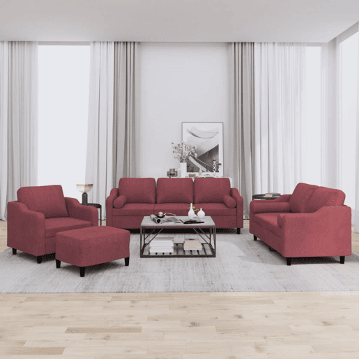 vidaXL 4 pcs conjunto de sofás com almofadas tecido vermelho-tinto vidaXL 4 pcs conjunto de sofás com almofadas tecido vermelho-tinto