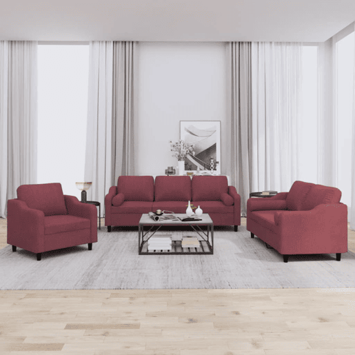 vidaXL 3 pcs conjunto de sofás com almofadas tecido vermelho-tinto