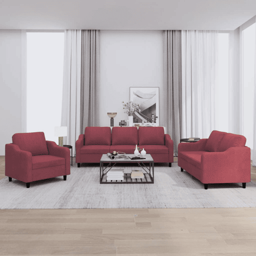 vidaXL 3 pcs conjunto de sofás com almofadões tecido vermelho tinto vidaXL 3 pcs conjunto de sofás com almofadões tecido vermelho tinto