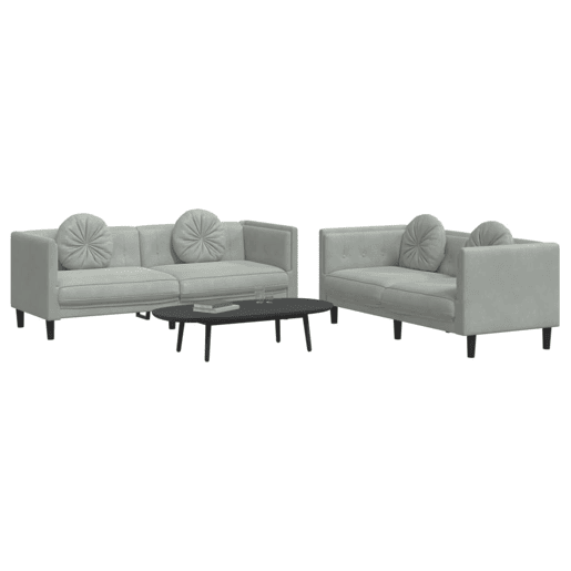 vidaXL 2 pcs conjunto de sofás com almofadas veludo cinzento-claro vidaXL 2 pcs conjunto de sofás com almofadas veludo cinzento-claro