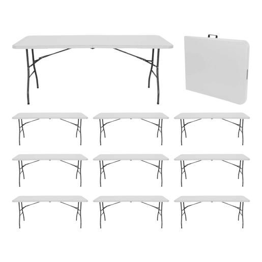 Megapack de 10 mesas dobráveis u200Bu200Bportáteis retangulares de 240 cm da Thinia Home, a solução ideal para suas atividades internas e externas.