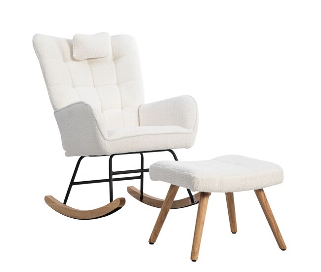 Sillón mecedora de poliéster con 1 reposapiés y 1 almohada,blanco