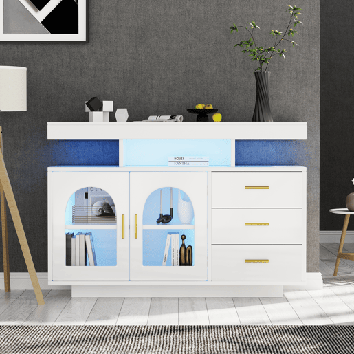 Aparador de painel de partÃculas com 2 portas,3 gavetas e luz led,branco Aparador de painel de partÃculas com 2 portas,3 gavetas e luz led,branco