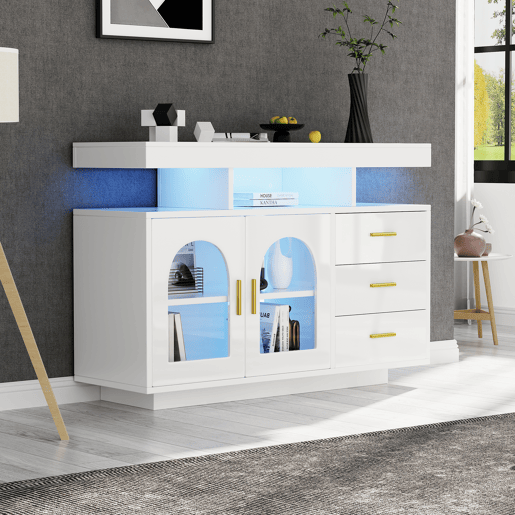 Aparador de painel de partÃculas com 2 portas,3 gavetas e luz led,branco Aparador de painel de partÃculas com 2 portas,3 gavetas e luz led,branco