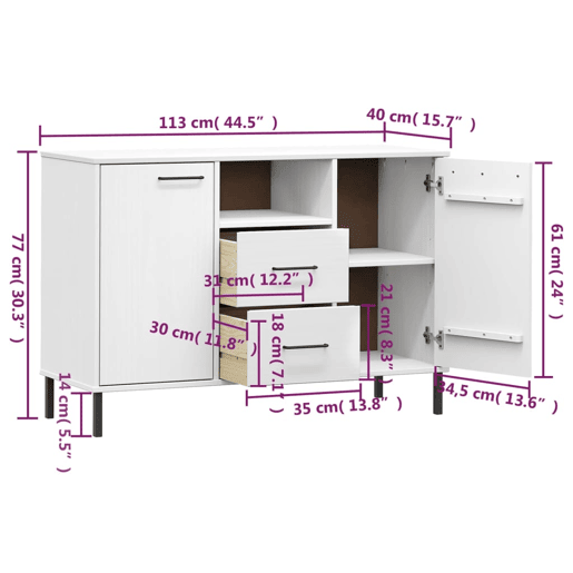 vidaXL Aparador c pernas metal 113x40x77cm madeira maciça OSLO branco