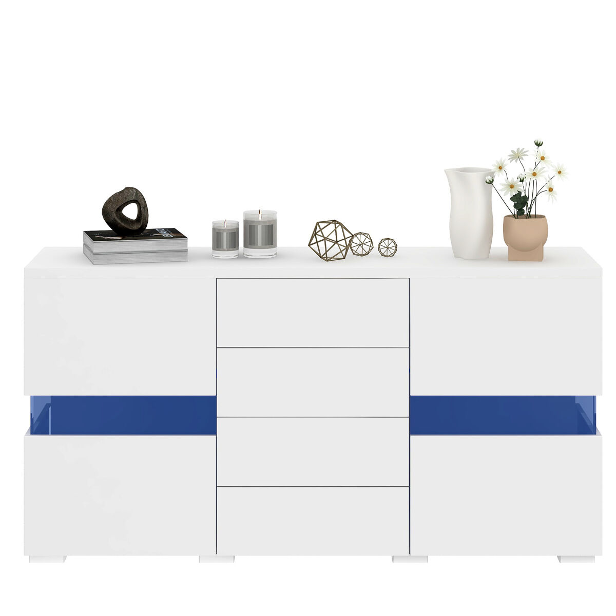 Aparador de mdf con 2 puertas,4 cajones y luz led,blanco