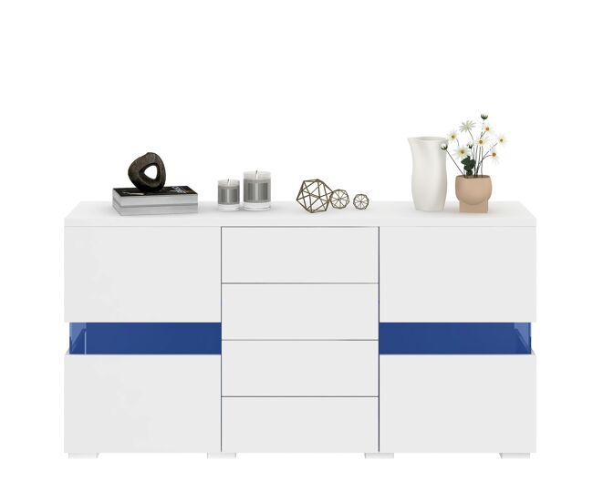 Aparador de mdf con 2 puertas,4 cajones y luz led,blanco
