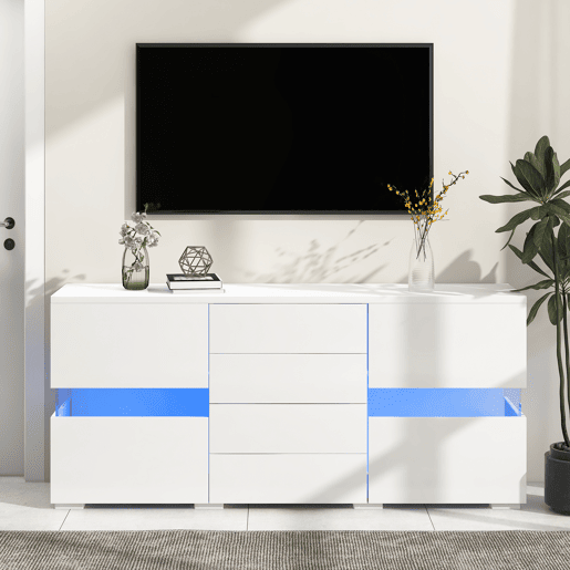 Aparador de mdf com 2 portas,4 gavetas e luz led,branco