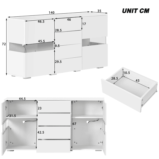 Aparador de mdf com 2 portas,4 gavetas e luz led,branco