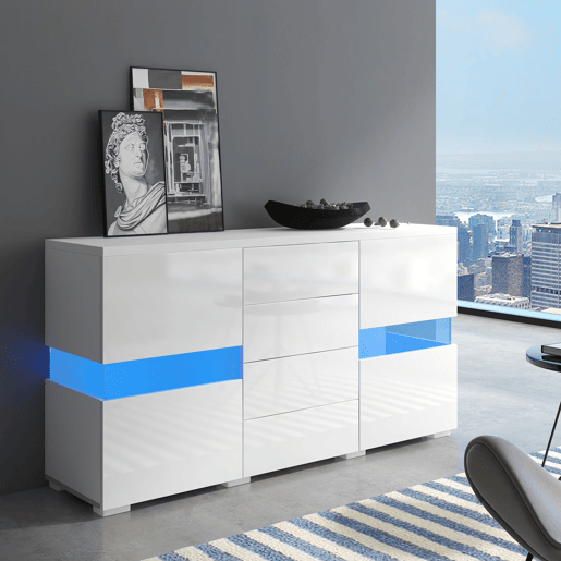 Aparador de mdf com 2 portas,4 gavetas e luz led,branco