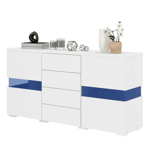 Aparador de mdf com 2 portas,4 gavetas e luz led,branco