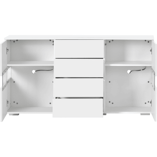 Aparador de mdf com 2 portas,4 gavetas e luz led,branco