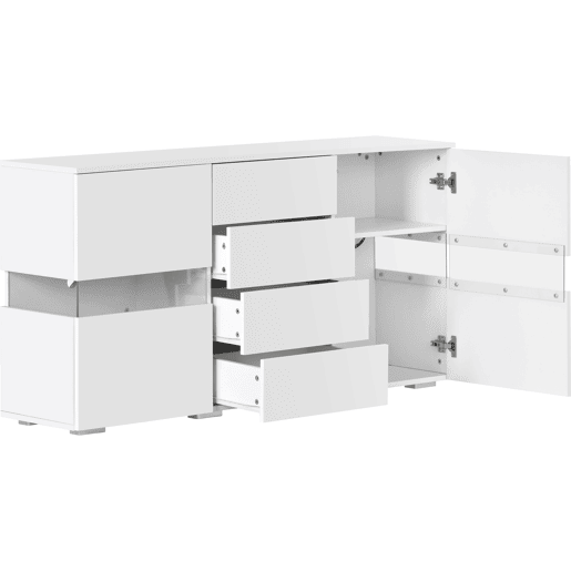 Aparador de mdf com 2 portas,4 gavetas e luz led,branco