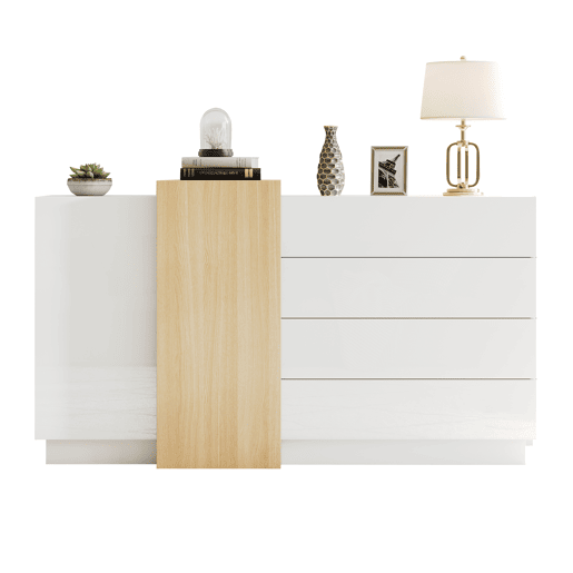 Aparador de mdf com 2 portas e 4 gavetas,branco+madeira