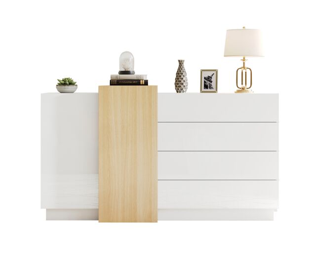 Aparador de mdf con 2 puertas y 4 cajones,blanco+madera