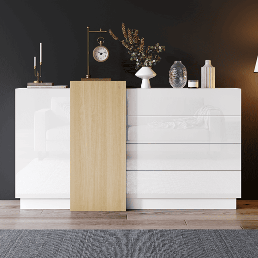Aparador de mdf com 2 portas e 4 gavetas,branco+madeira