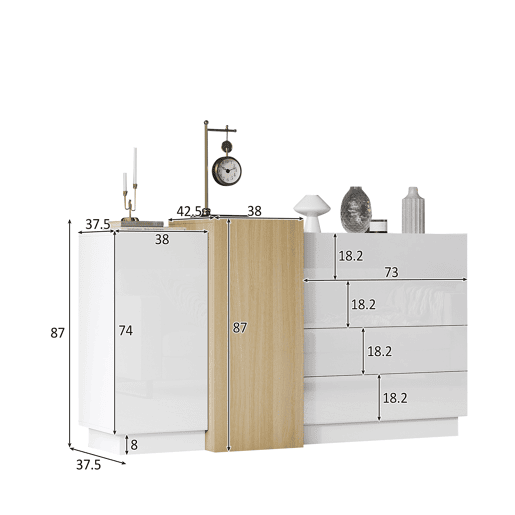 Aparador de mdf com 2 portas e 4 gavetas,branco+madeira