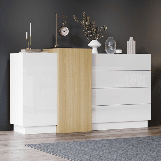 Aparador de mdf com 2 portas e 4 gavetas,branco+madeira