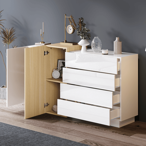 Aparador de mdf com 2 portas e 4 gavetas,branco+madeira