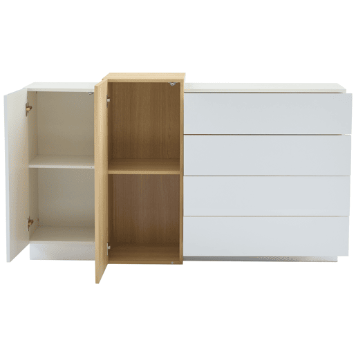 Aparador de mdf com 2 portas e 4 gavetas,branco+madeira