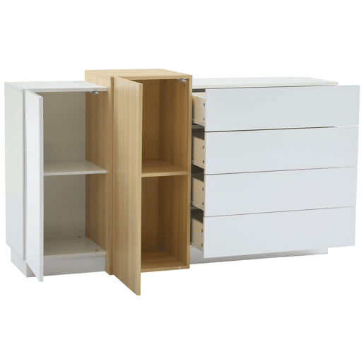 Aparador de mdf com 2 portas e 4 gavetas,branco+madeira