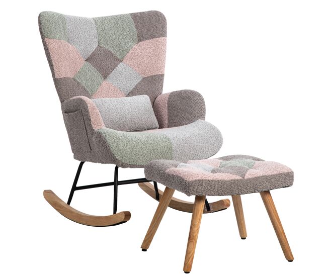 Sillón mecedora de terciopelo con 1 reposapiés y 1 cojín lumbar,multicolor