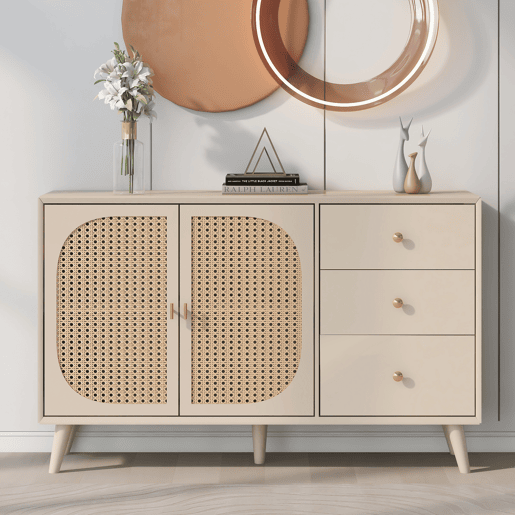 Aparador de painel de partículas com 2 portas e 3 gavetas,creme