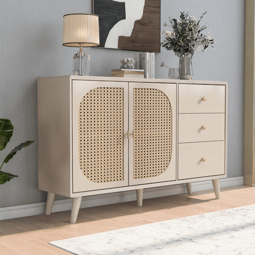 Aparador de painel de partículas com 2 portas e 3 gavetas,creme