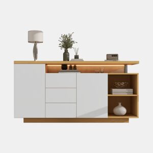 Aparador de painel de partículas com 2 portas,3 gavetas e luz led,branco+natural