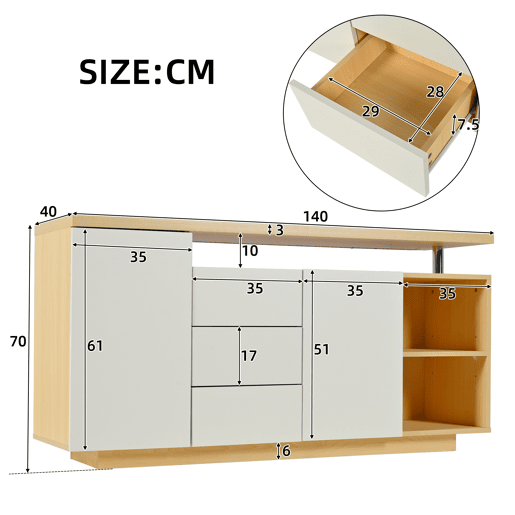 Aparador de painel de partículas com 2 portas,3 gavetas e luz led,branco+natural