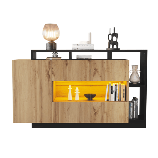 Aparador de mdf com 3 portas e luz led,madeira+preto Aparador de mdf com 3 portas e luz led,madeira+preto