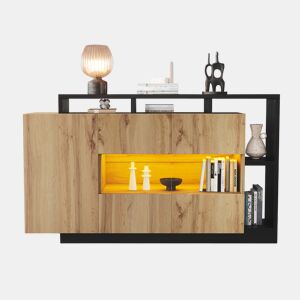 Aparador de mdf com 3 portas e luz led,madeira+preto