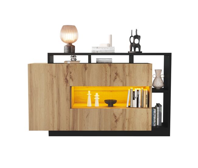 Aparador de mdf con 3 puertas y luz led,madera+negro
