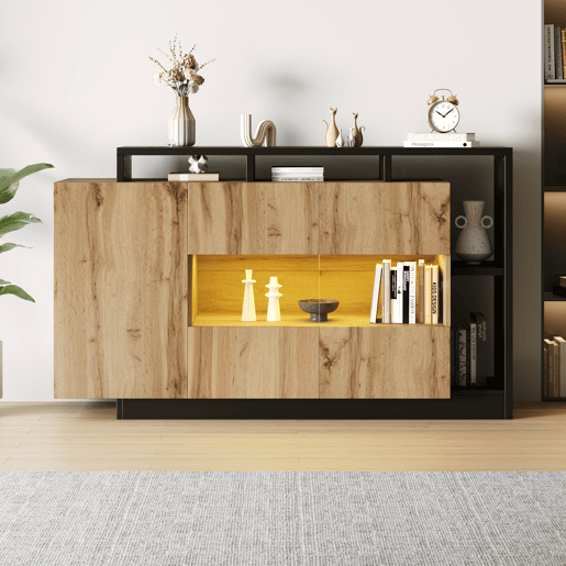 Aparador de mdf com 3 portas e luz led,madeira+preto Aparador de mdf com 3 portas e luz led,madeira+preto
