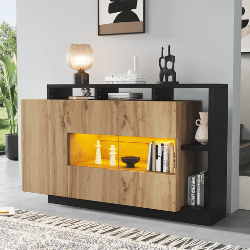 Aparador de mdf com 3 portas e luz led,madeira+preto Aparador de mdf com 3 portas e luz led,madeira+preto