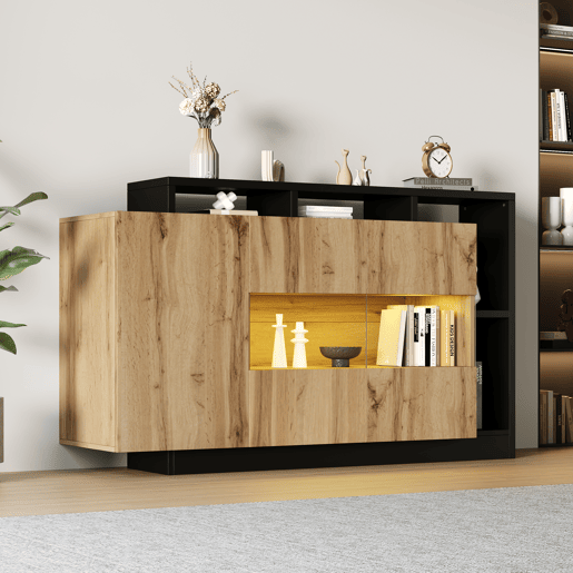 Aparador de mdf com 3 portas e luz led,madeira+preto Aparador de mdf com 3 portas e luz led,madeira+preto
