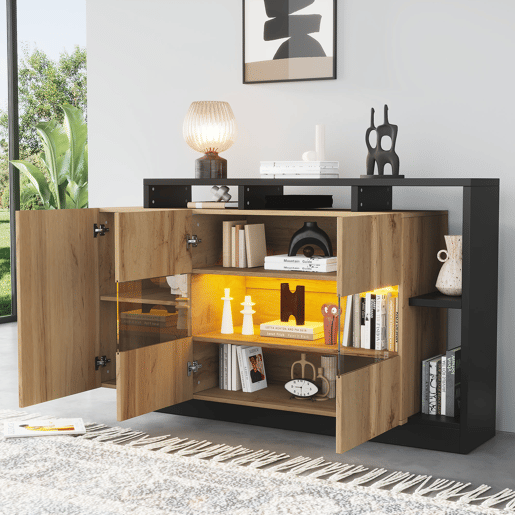 Aparador de mdf com 3 portas e luz led,madeira+preto Aparador de mdf com 3 portas e luz led,madeira+preto