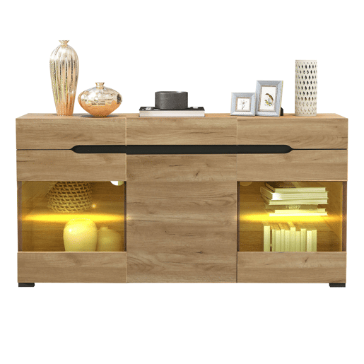 Aparador de painel de partículas com 3 portas,3 gavetas e luz led,madeira