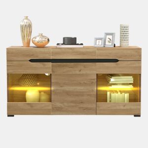 Aparador de painel de partículas com 3 portas,3 gavetas e luz led,madeira
