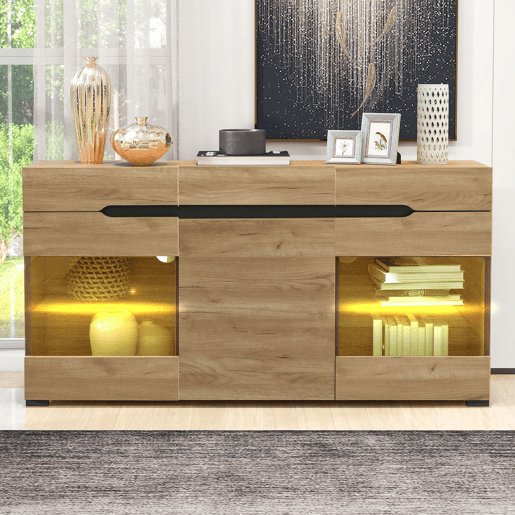 Aparador de painel de partículas com 3 portas,3 gavetas e luz led,madeira