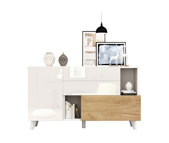 Aparador de panel de partículas con 2 puertas y 2 cajones,blanco+madera