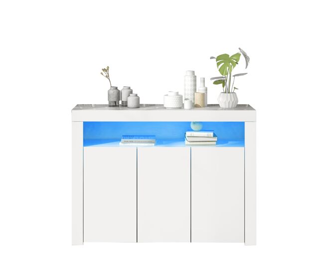 Aparador de panel de partículas con 3 puertas y luz led,blanco