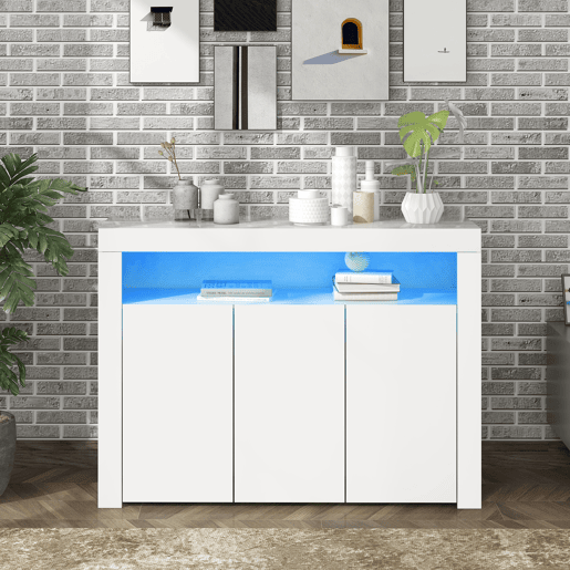 Aparador de painel de partículas com 3 portas e luz led,branco